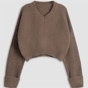 Commense Minimalism V-Neck Brown Crop Pullover Sweater - S